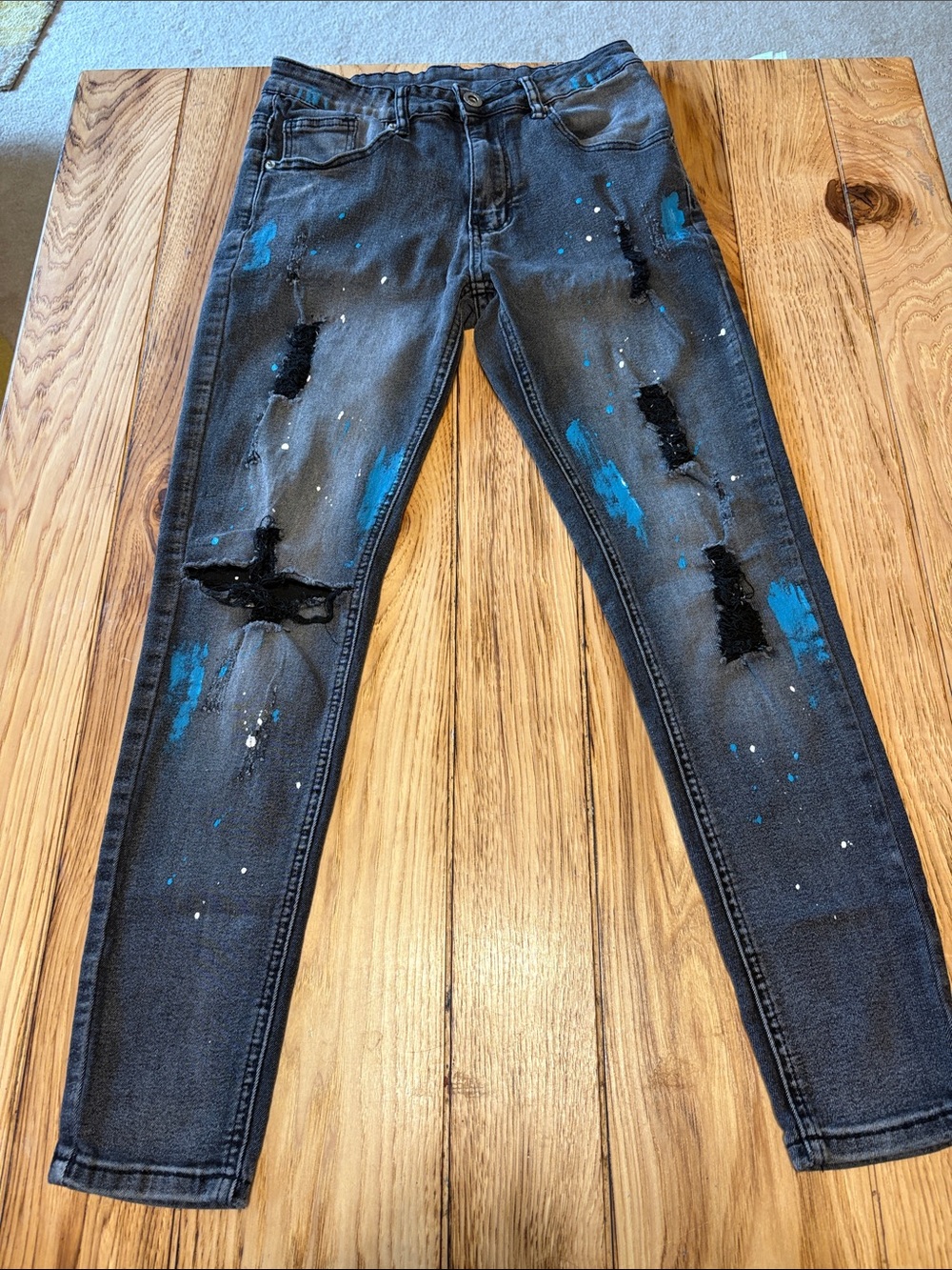 SHEIN Black Skinny Jeans with Blue Paint Splatter